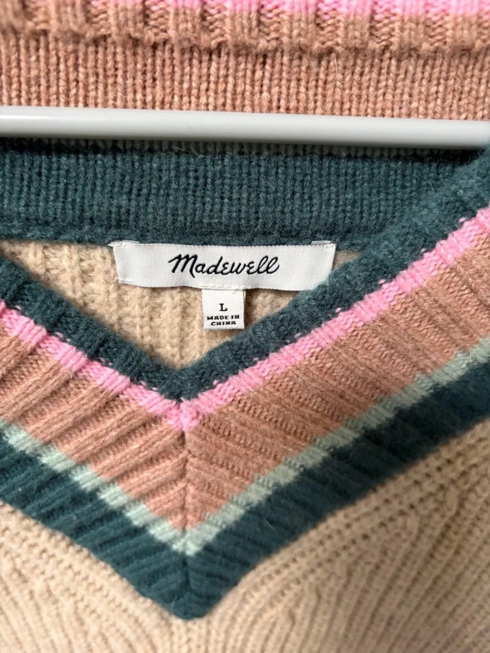 Madewell Beige V-Neck Sweater with Green and Pink Stripe Detail - Picture 2 of 2